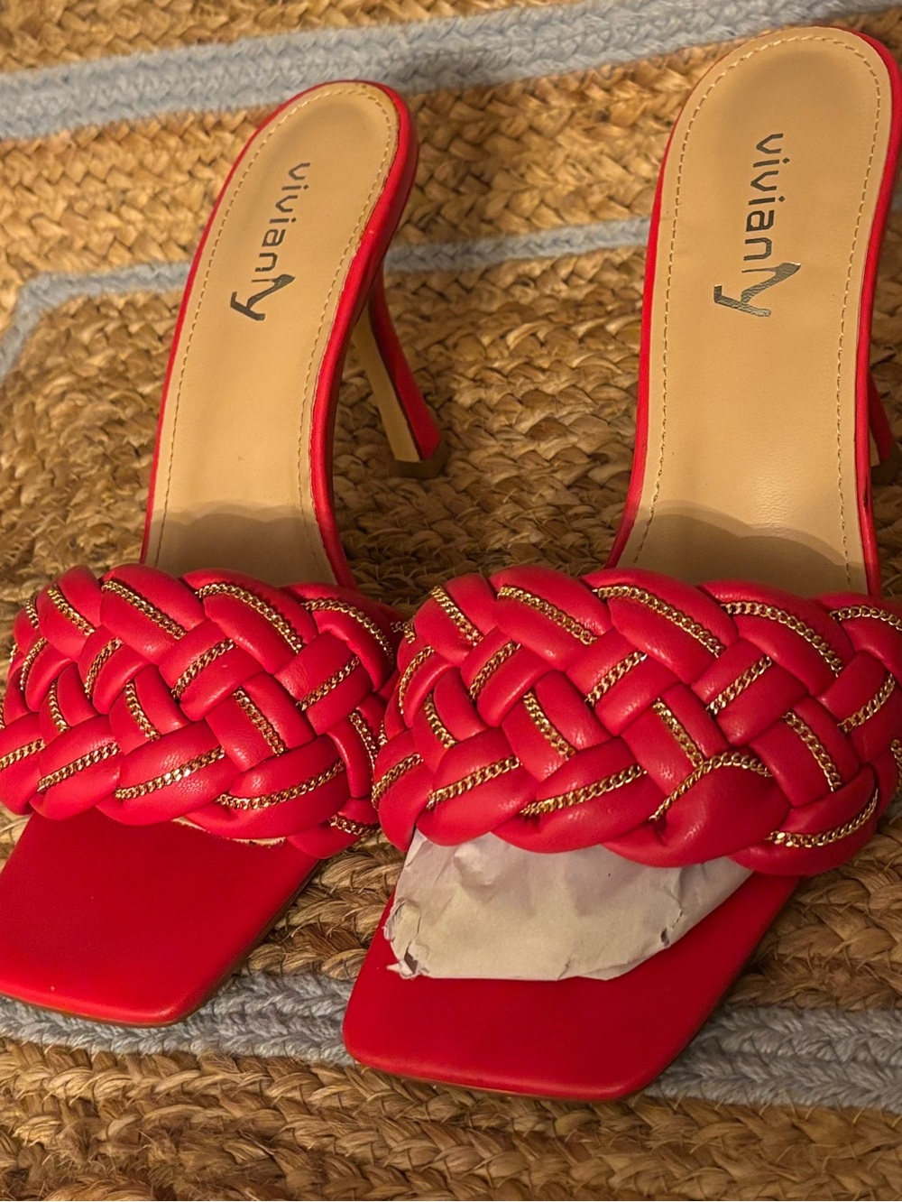 Vivianly Red & Gold Braided Mule Square-Toe Slide Heels
